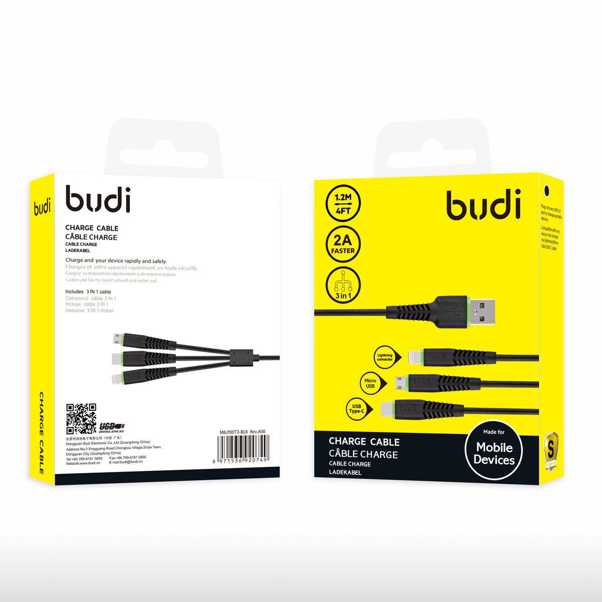 Budi 3-in-1 Charging Cable, 1.2m (M8J150T3-BLK)