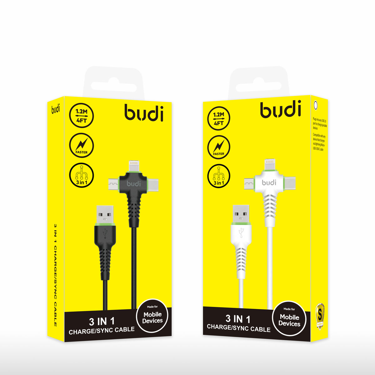 Budi 3-in-1 Charging Cable, 1.2m, Black White (DC150+12B)