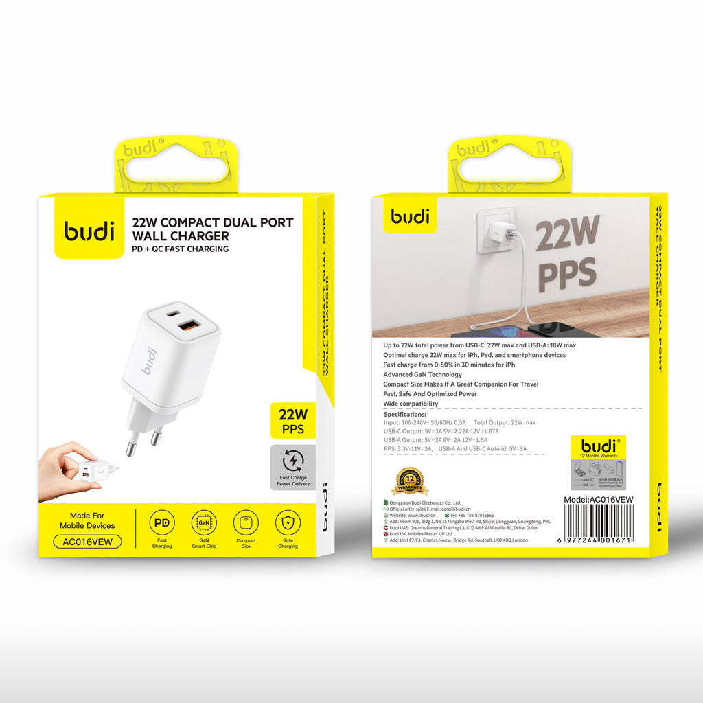 Budi AC016VEW — Oplader 22W