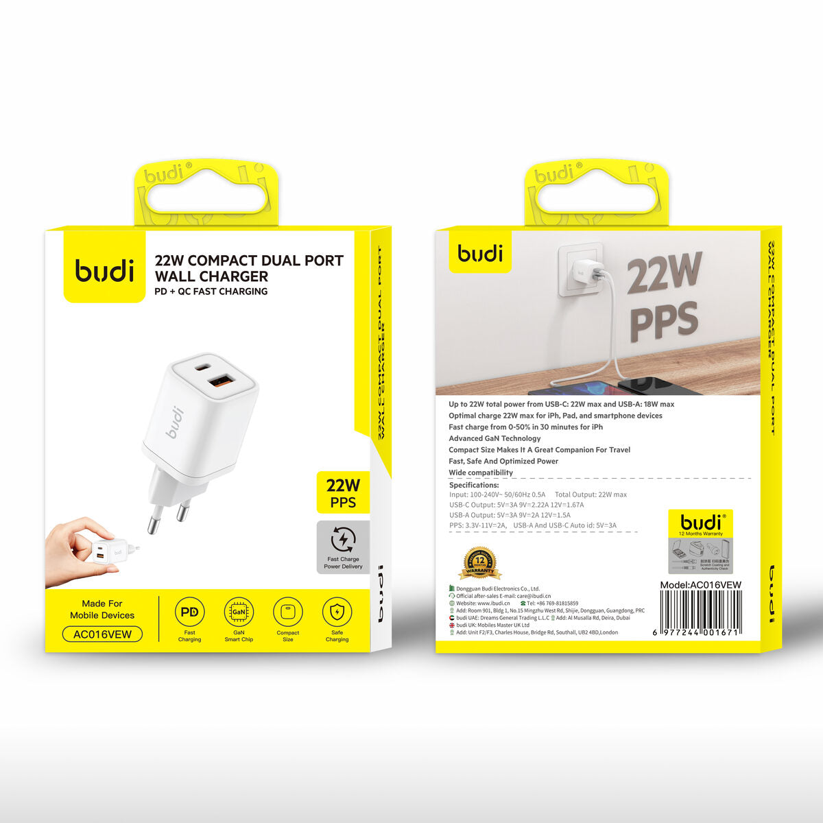 Budi AC016VEW — Oplader 22W