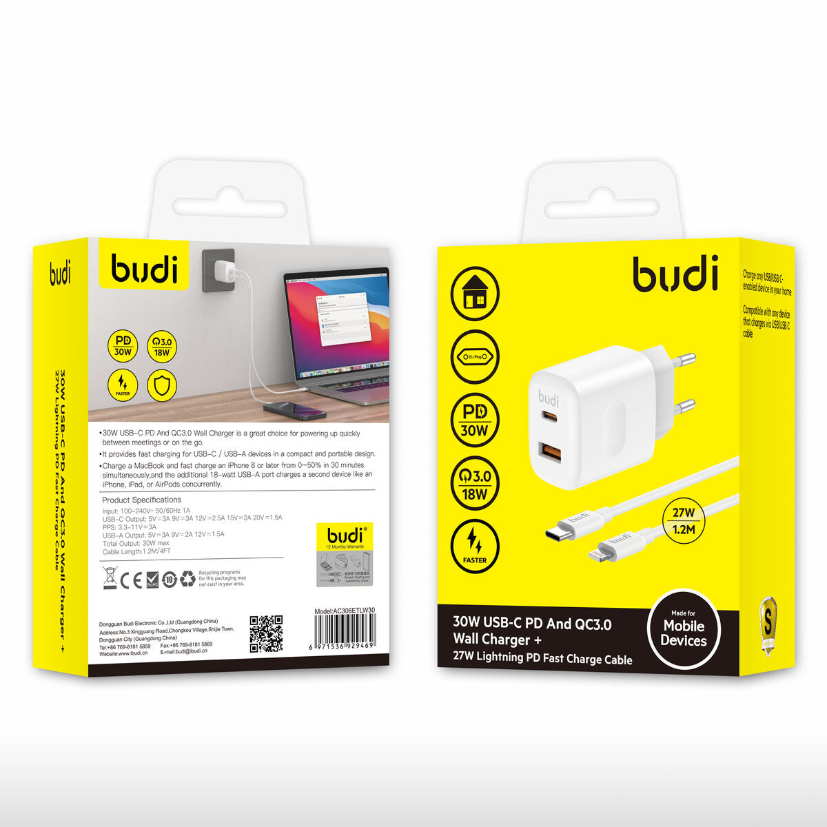 Budi AC306ETLW — Oplader USB-C naar Lightning, 30W, 1.2 m