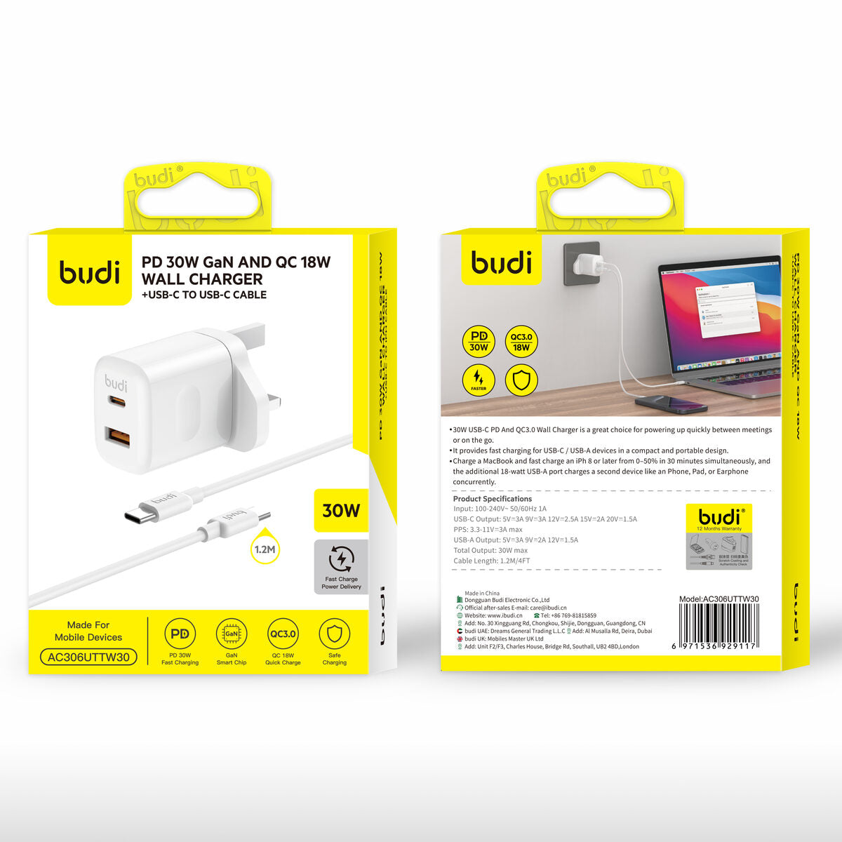 Budi AC306ETTW — Oplader USB-C naar USB-C, 30W, 1.2 m