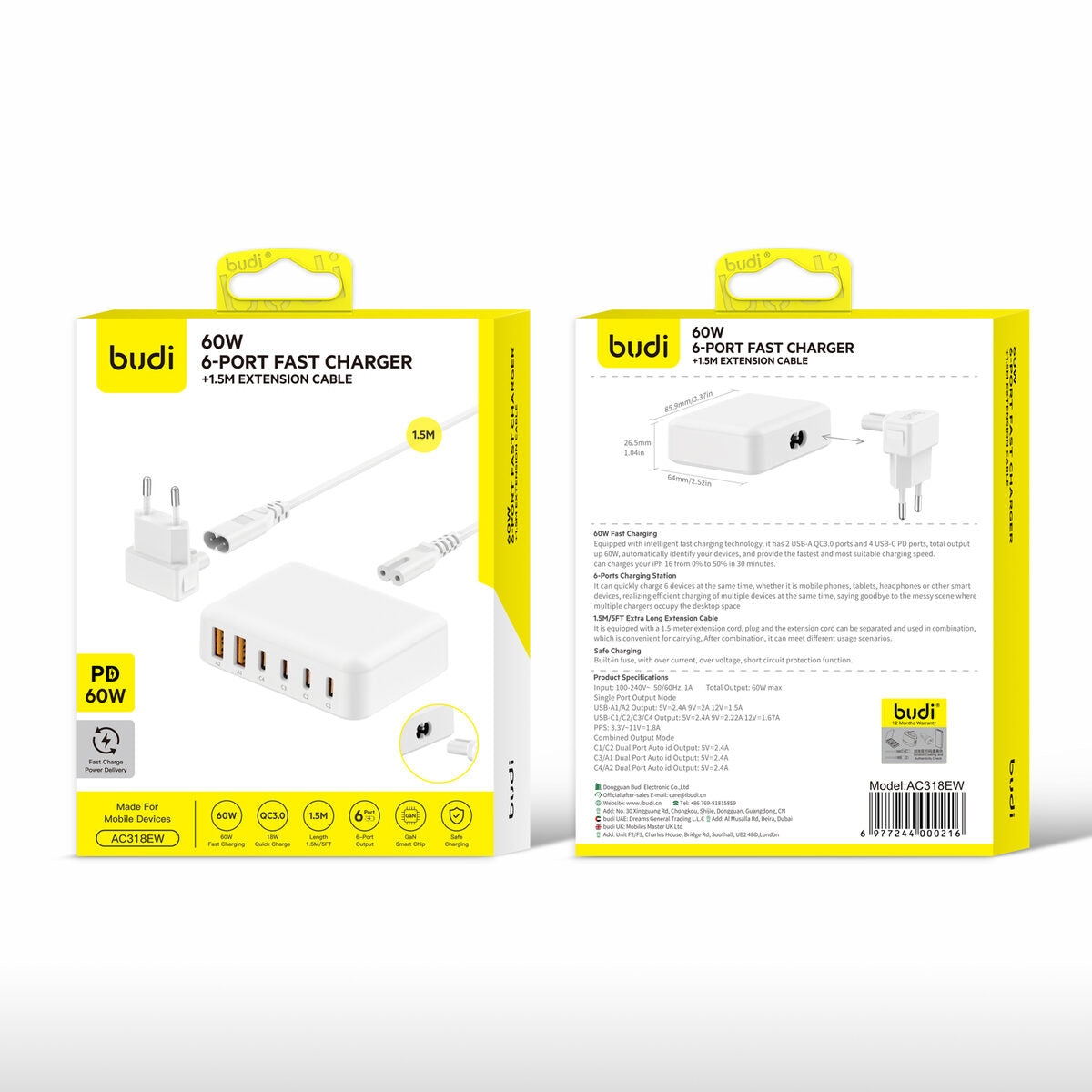 Budi AC318EW — Oplader 60W, 1.5 m