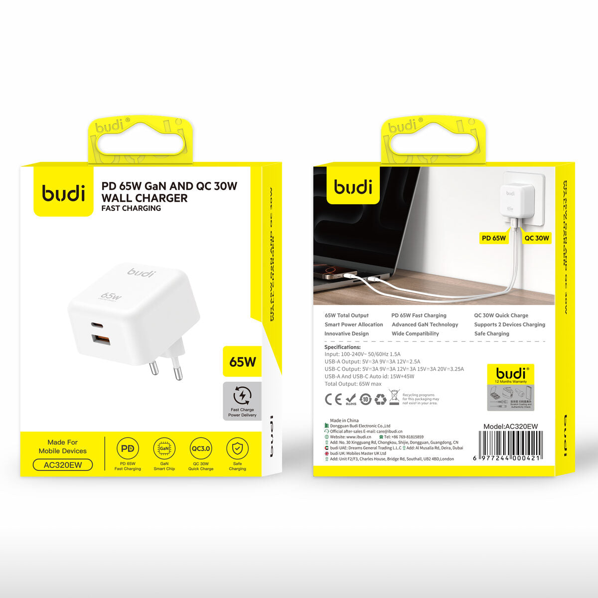 Budi AC320EW — Oplader 65W