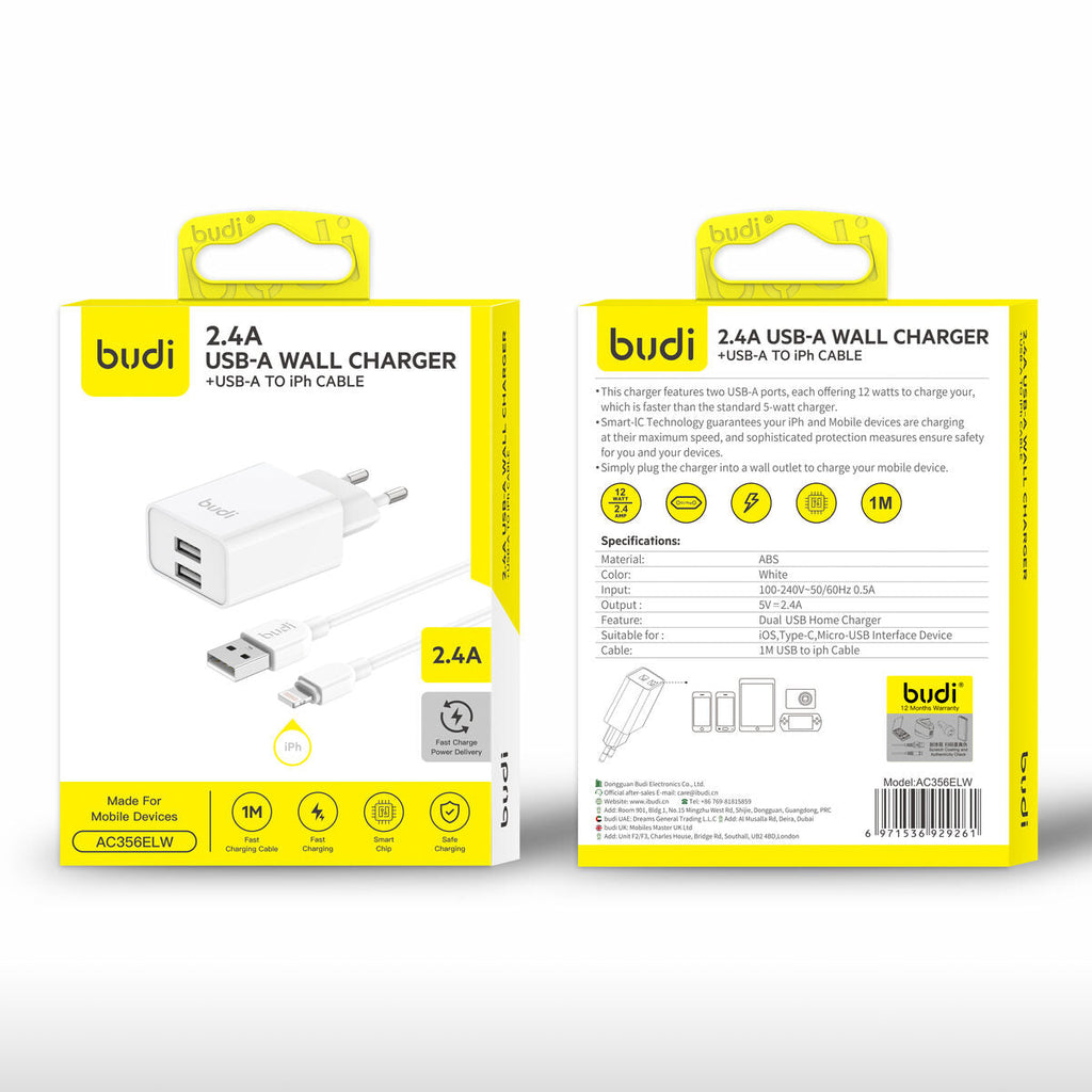 Budi AC356EL10W — Oplader USB-A naar Lightning, 12W, 1 m