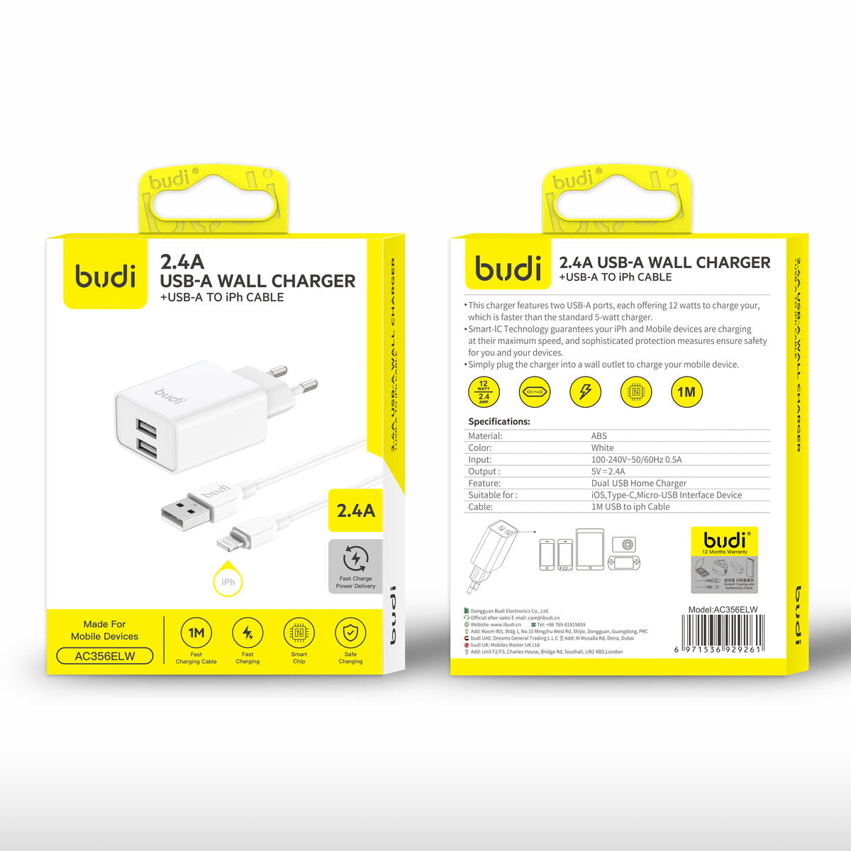 Budi AC356EL10W — Oplader USB-A naar Lightning, 12W, 1 m