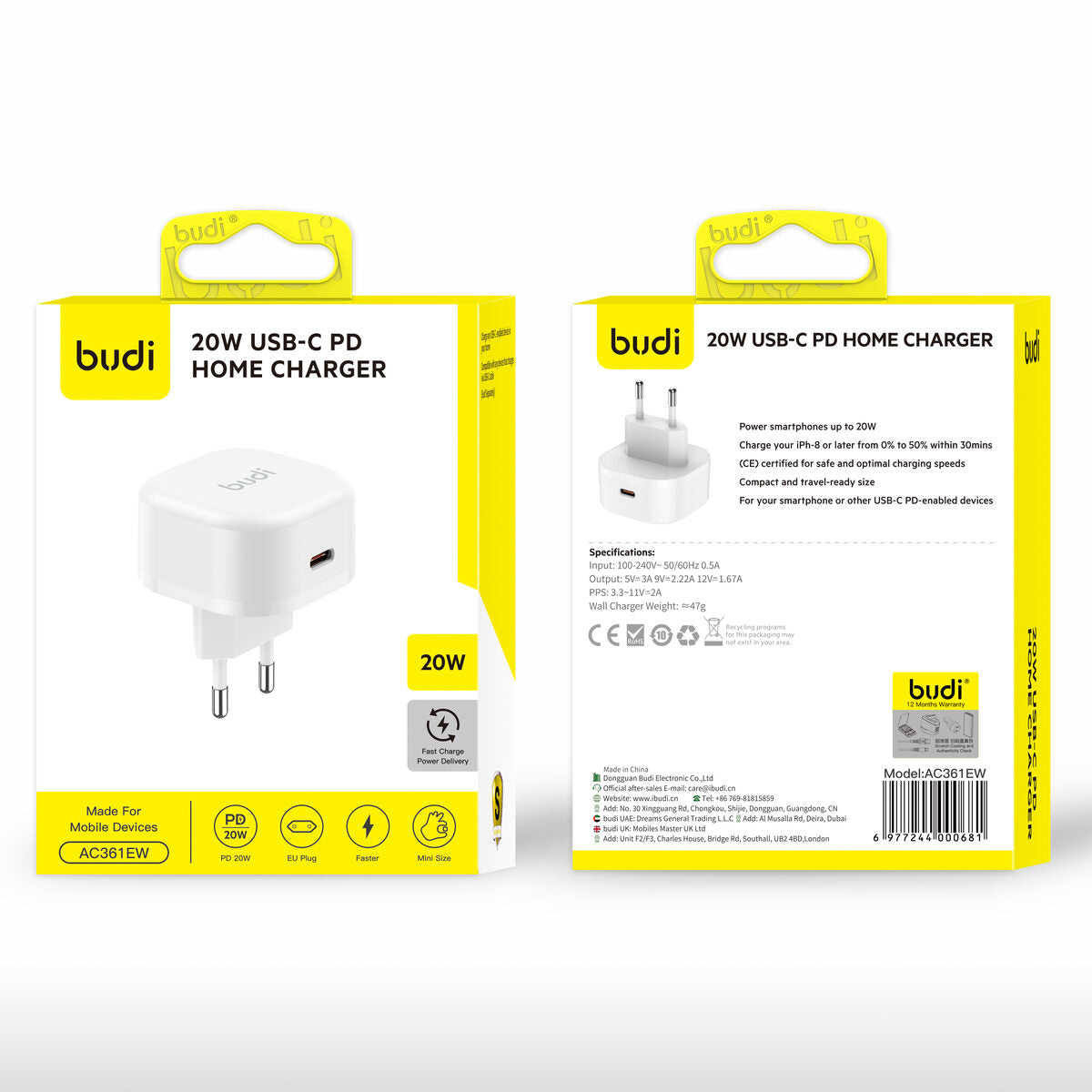 Budi AC361EW — Oplader 20W