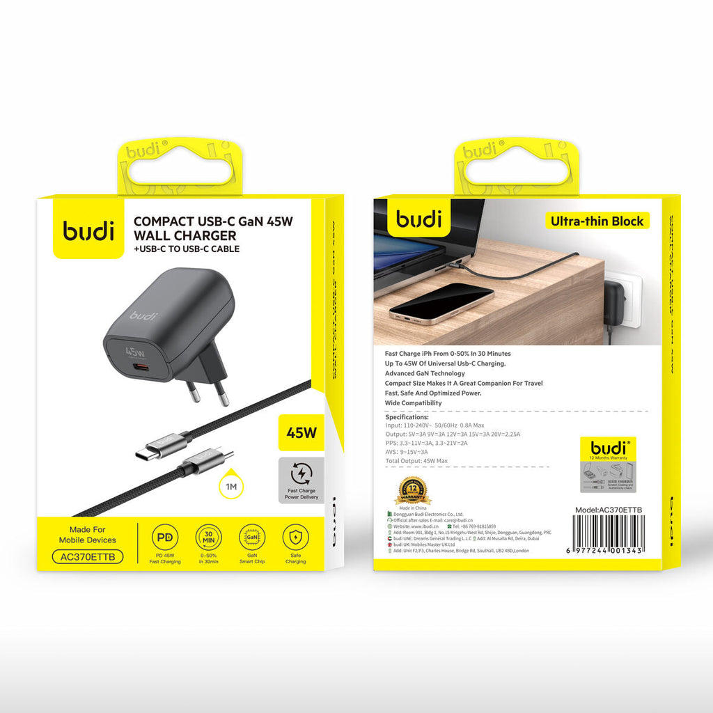 Budi AC370ETT — Oplader USB-C naar USB-C, 45W, 1 m