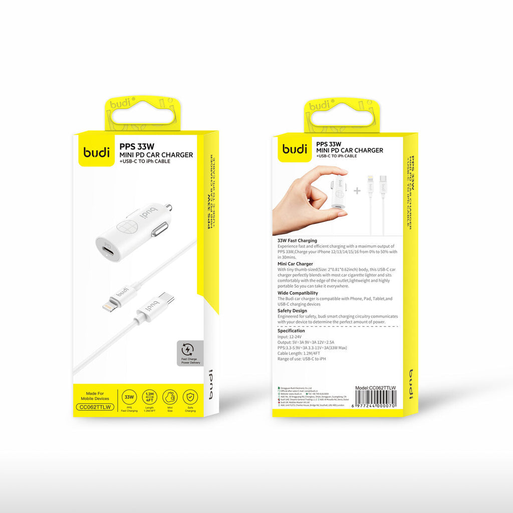 Budi CC062TTLW — Autolader USB-C naar Lightning, 33W, 1 m, wit