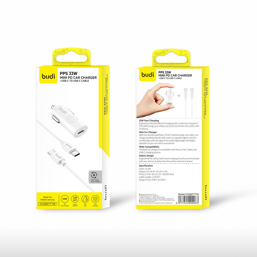 Budi CC062TTTW — Autolader USB-C naar USB-C, 33W, 1 m, wit