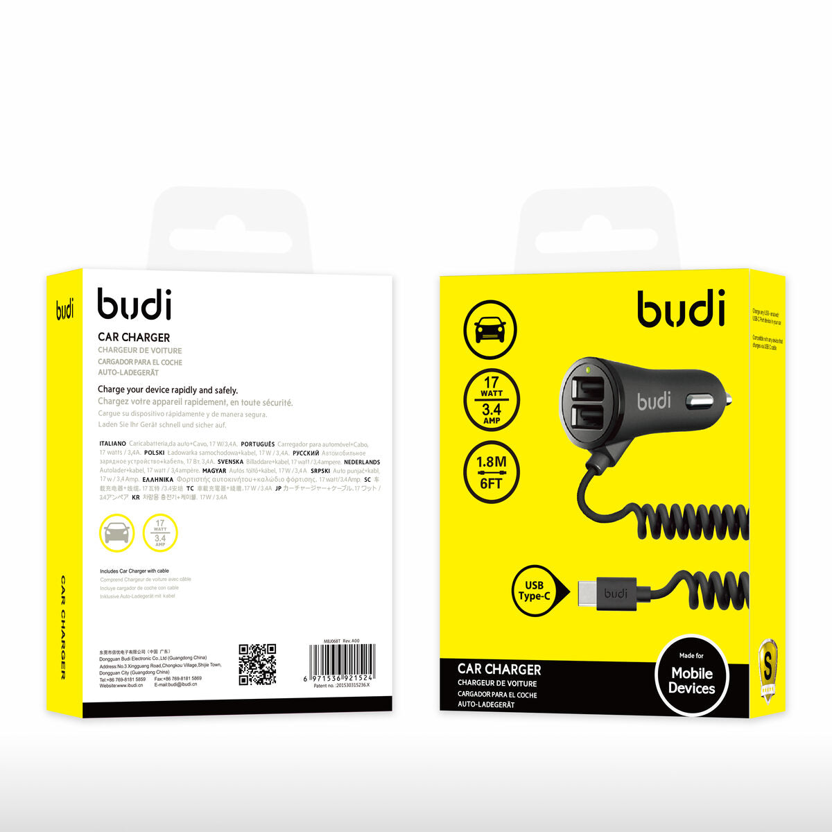 Budi CC068TB1 — Autolader 17W, 1.2 m, zwart