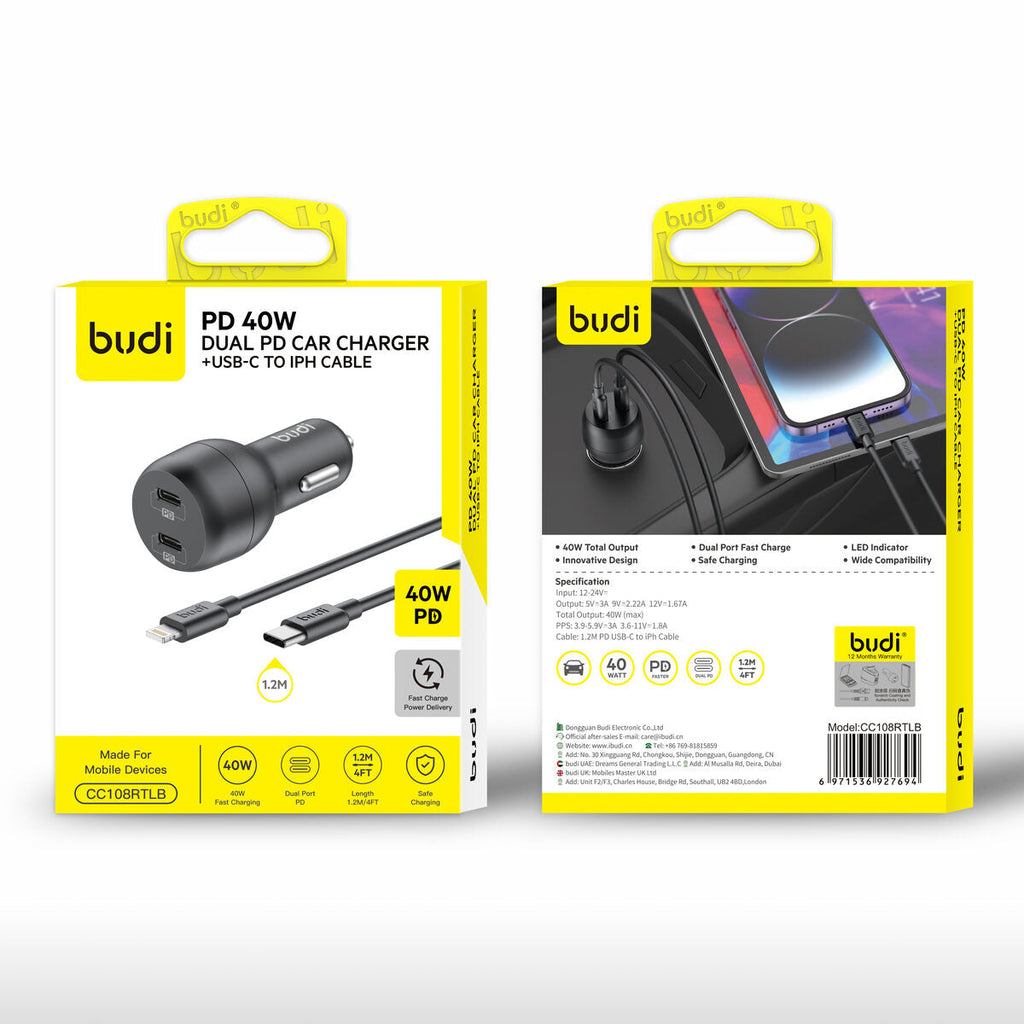 Budi CC108RTLB — Autolader USB-C naar Lightning, 40W, 1.2 m