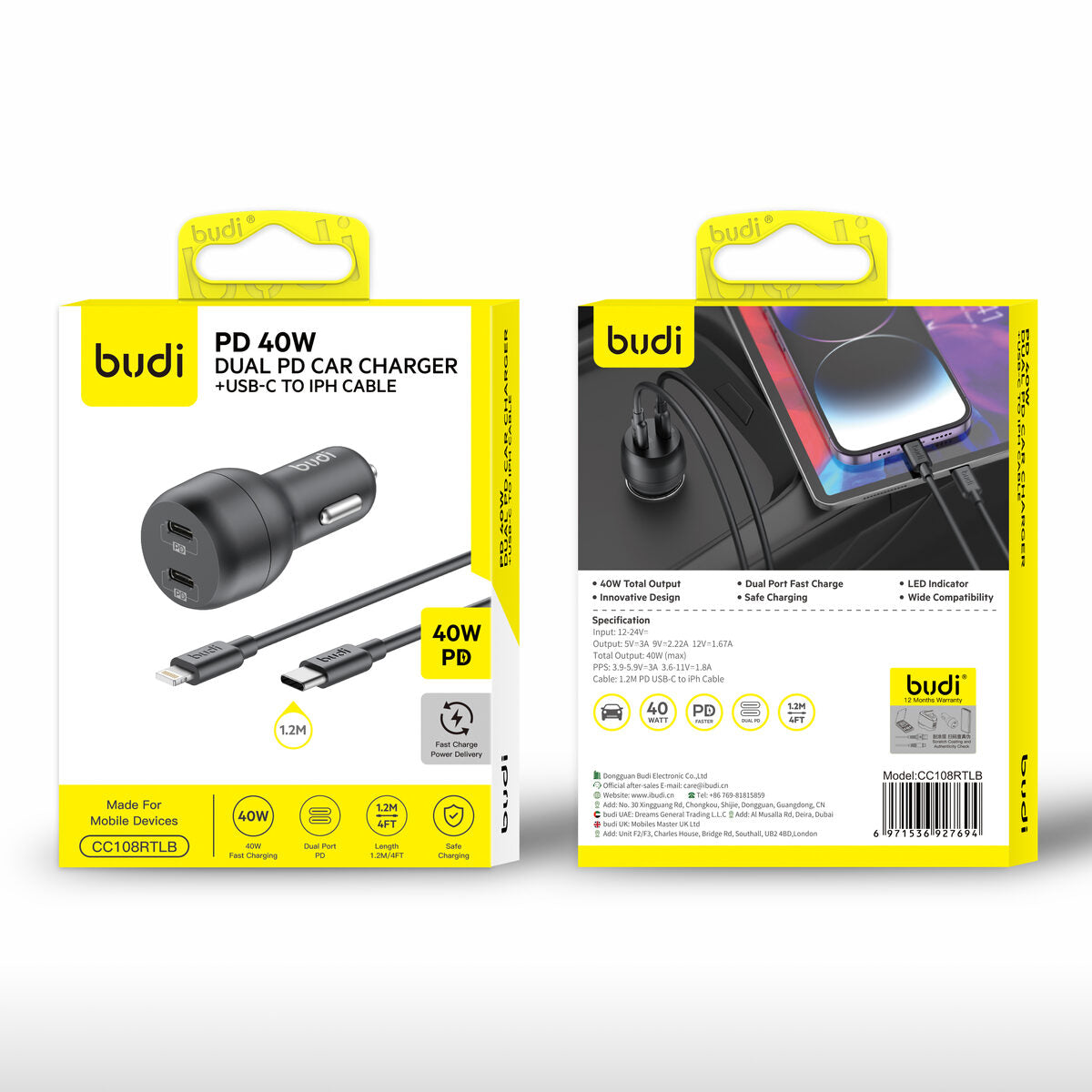 Budi CC108RTLB — Autolader USB-C naar Lightning, 40W, 1.2 m