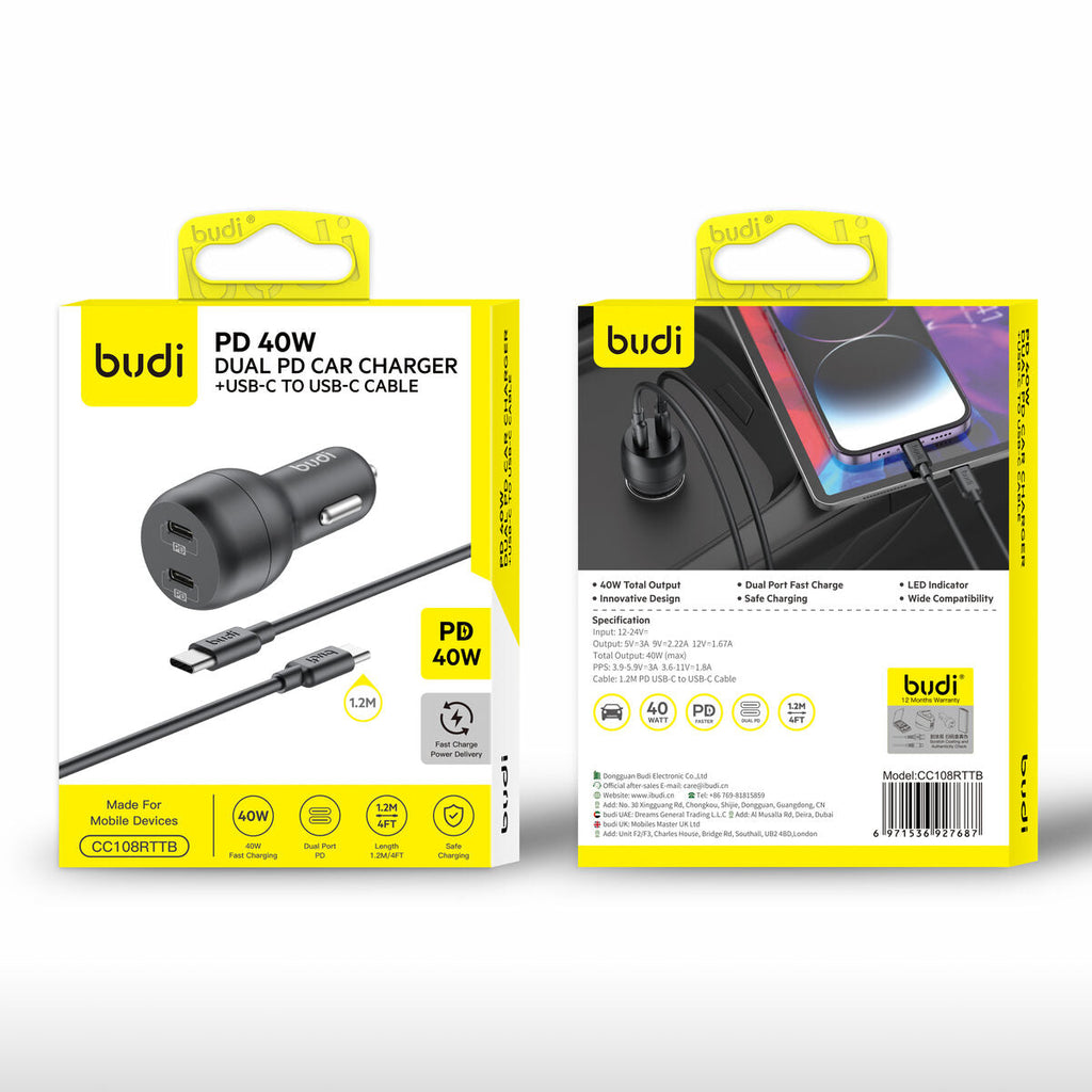 Budi CC108RTTB — Autolader USB-C naar USB-C, 40W, 1.2 m