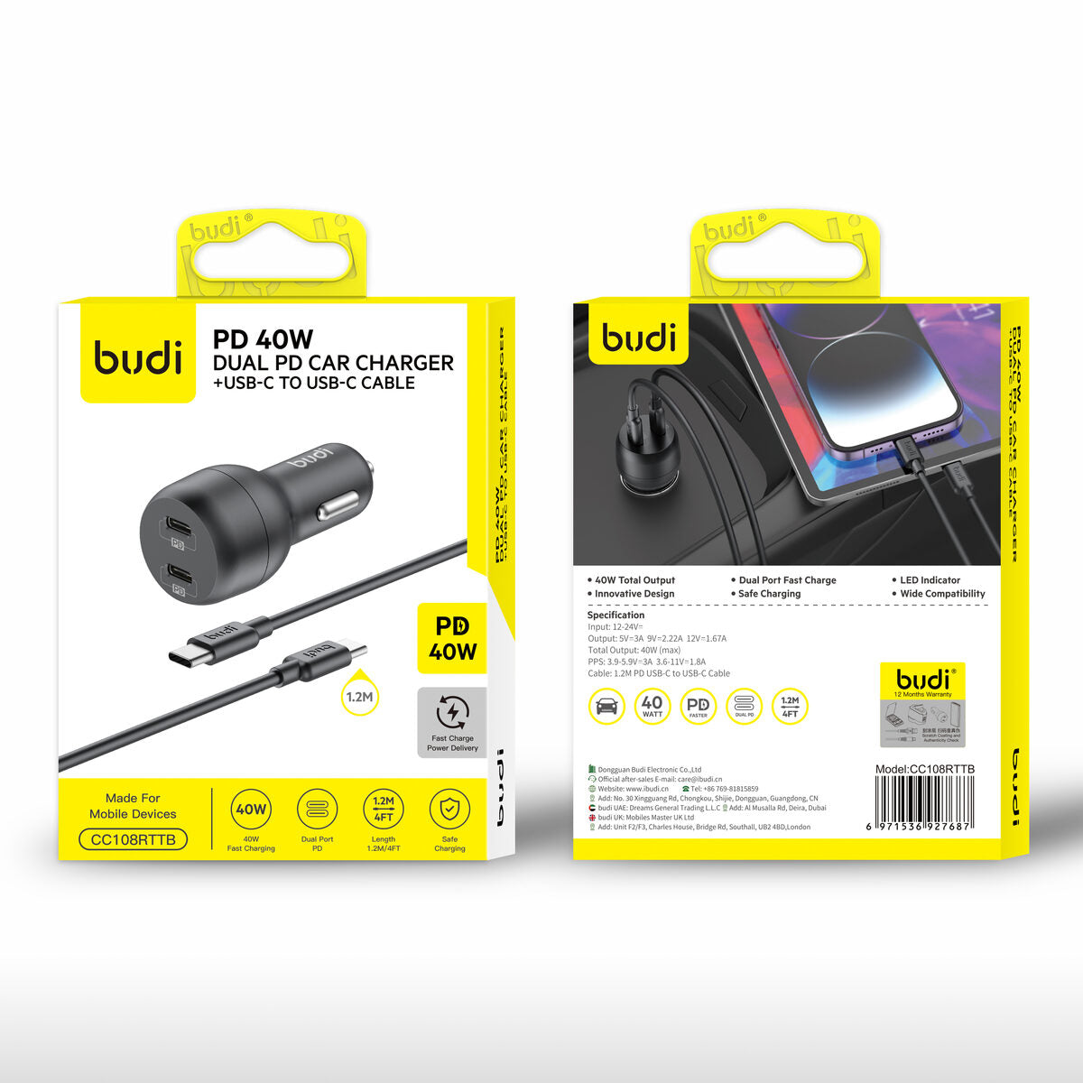 Budi CC108RTTB — Autolader USB-C naar USB-C, 40W, 1.2 m