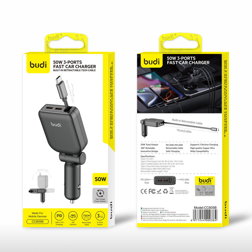 Budi CC605B — Autolader 50W, 0.72 m, zwart