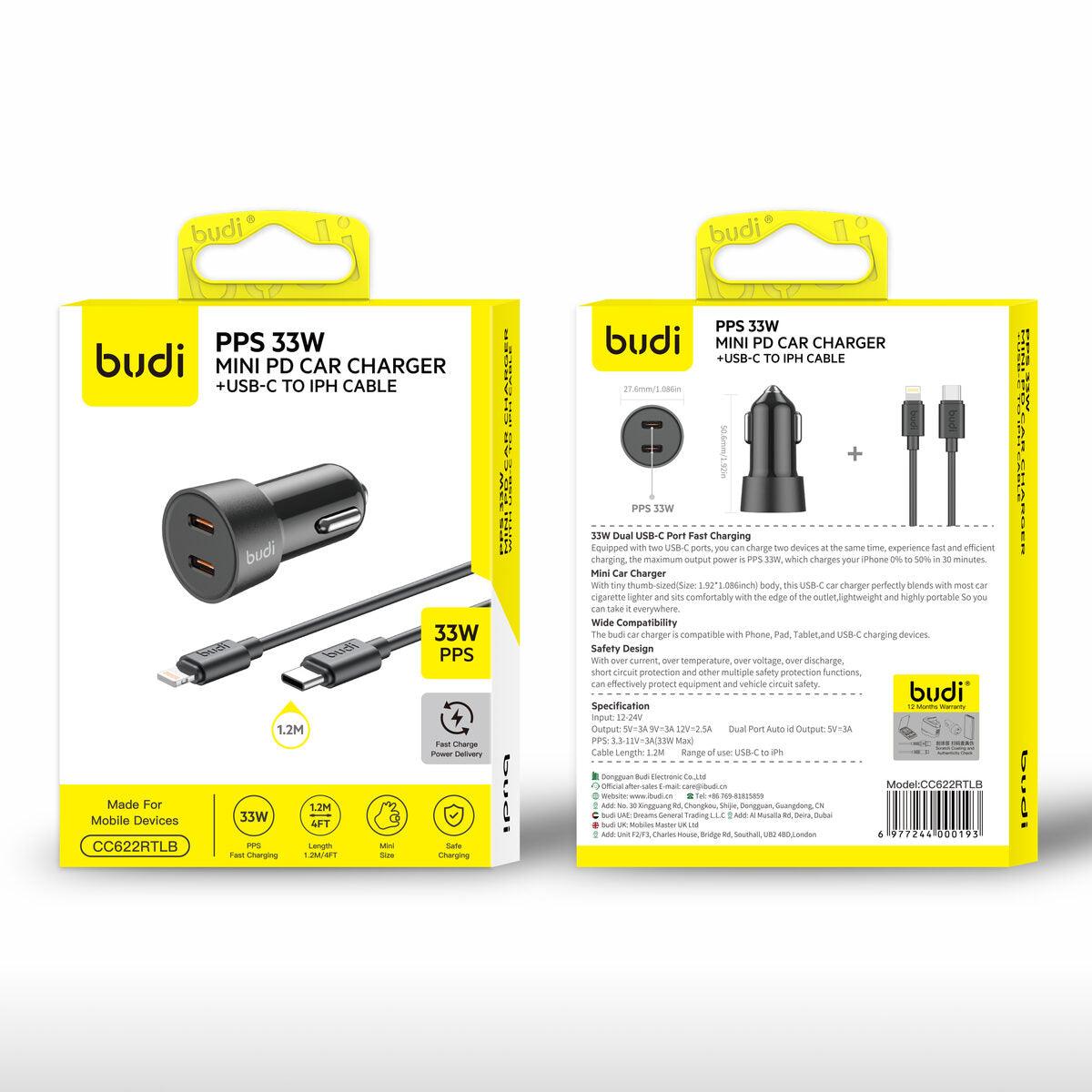 Budi CC622RTLB — Autolader USB-C naar Lightning, 33W, 1.2 m, zwart