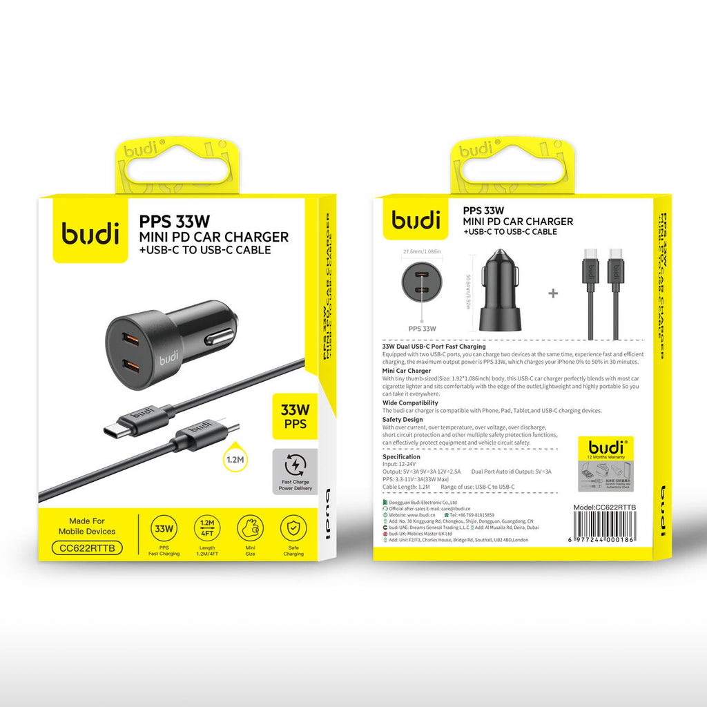 Budi CC622RTTB — Autolader USB-C naar USB-C, 33W, 1.2 m, zwart