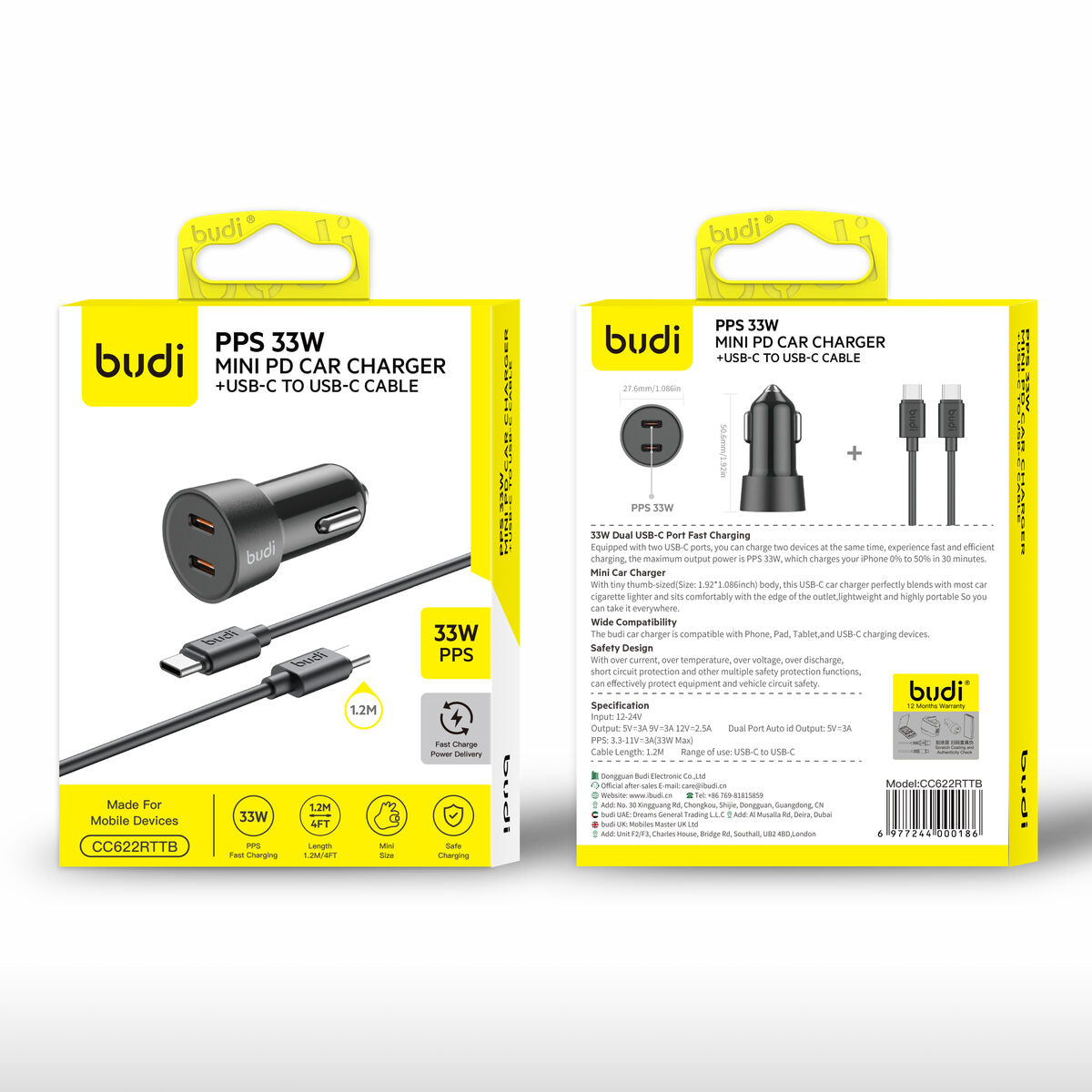 Budi CC622RTTB — Autolader USB-C naar USB-C, 33W, 1.2 m, zwart