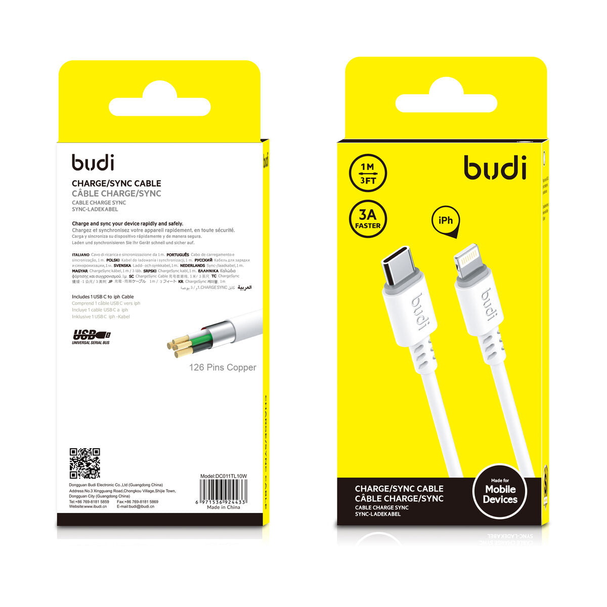 Budi DC011TL10W — Kabel USB-C naar USB-C, 1 m, wit