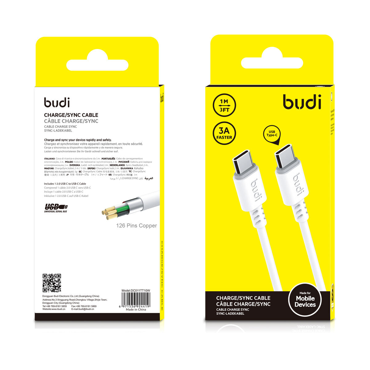 Budi DC011TT10W — Kabel USB-C naar USB-C, 1 m, wit