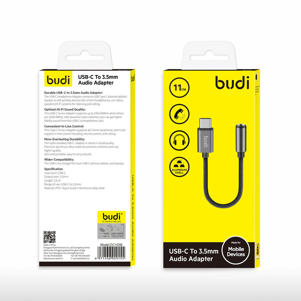 Budi DC105B — Audiokabel USB-C naar 3,5 mm, 0.11 m, zwart