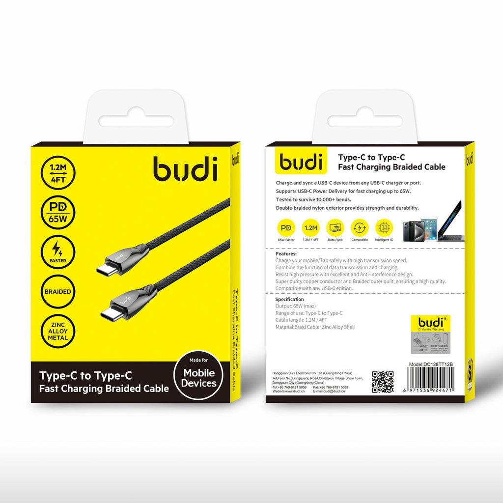 Budi DC128TT12B — Kabel USB-C naar USB-C, 65W, 1.2 m