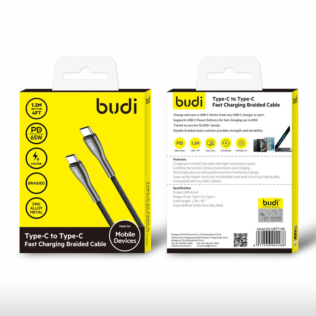Budi DC129TT12B — Kabel USB-C naar USB-C, 65W, 1.2 m