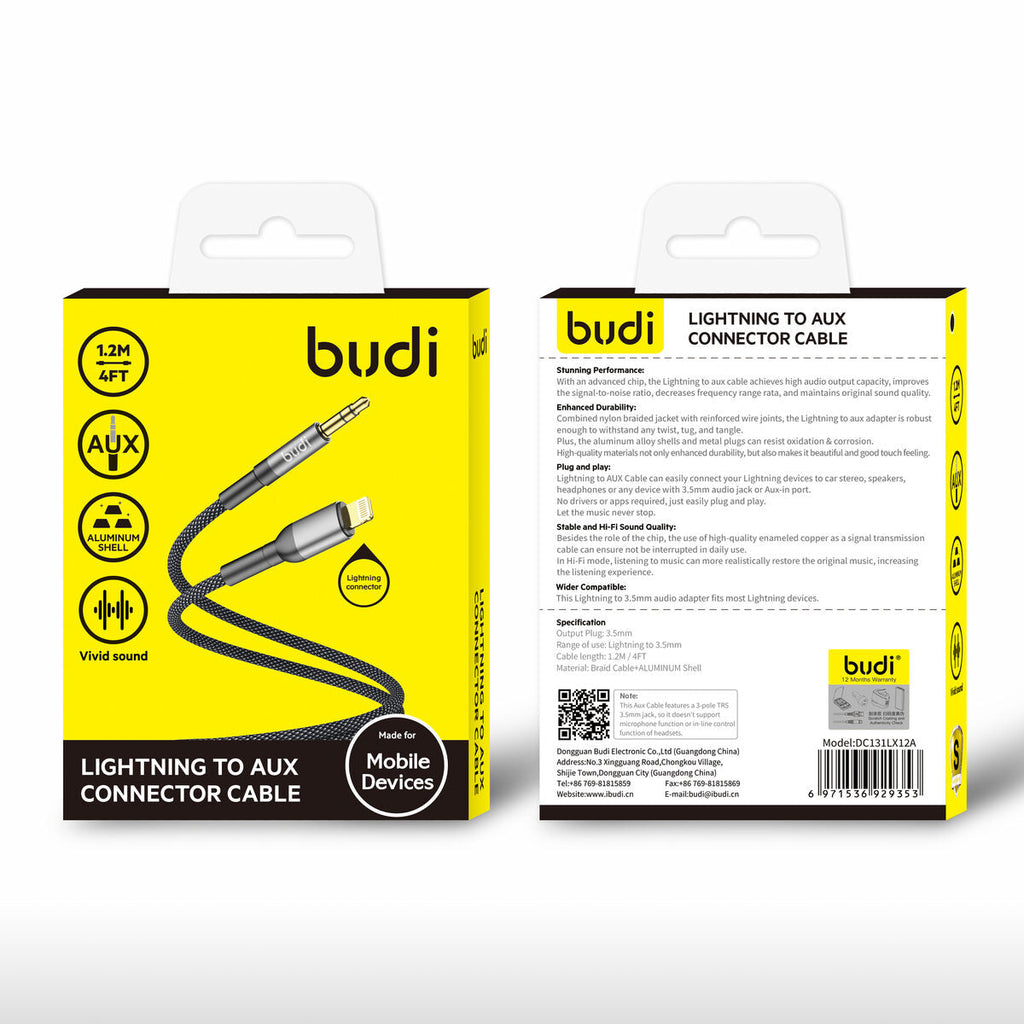 Budi DC131LX12A — Audiokabel Lightning naar 3,5 mm, 1.2 m, zwart