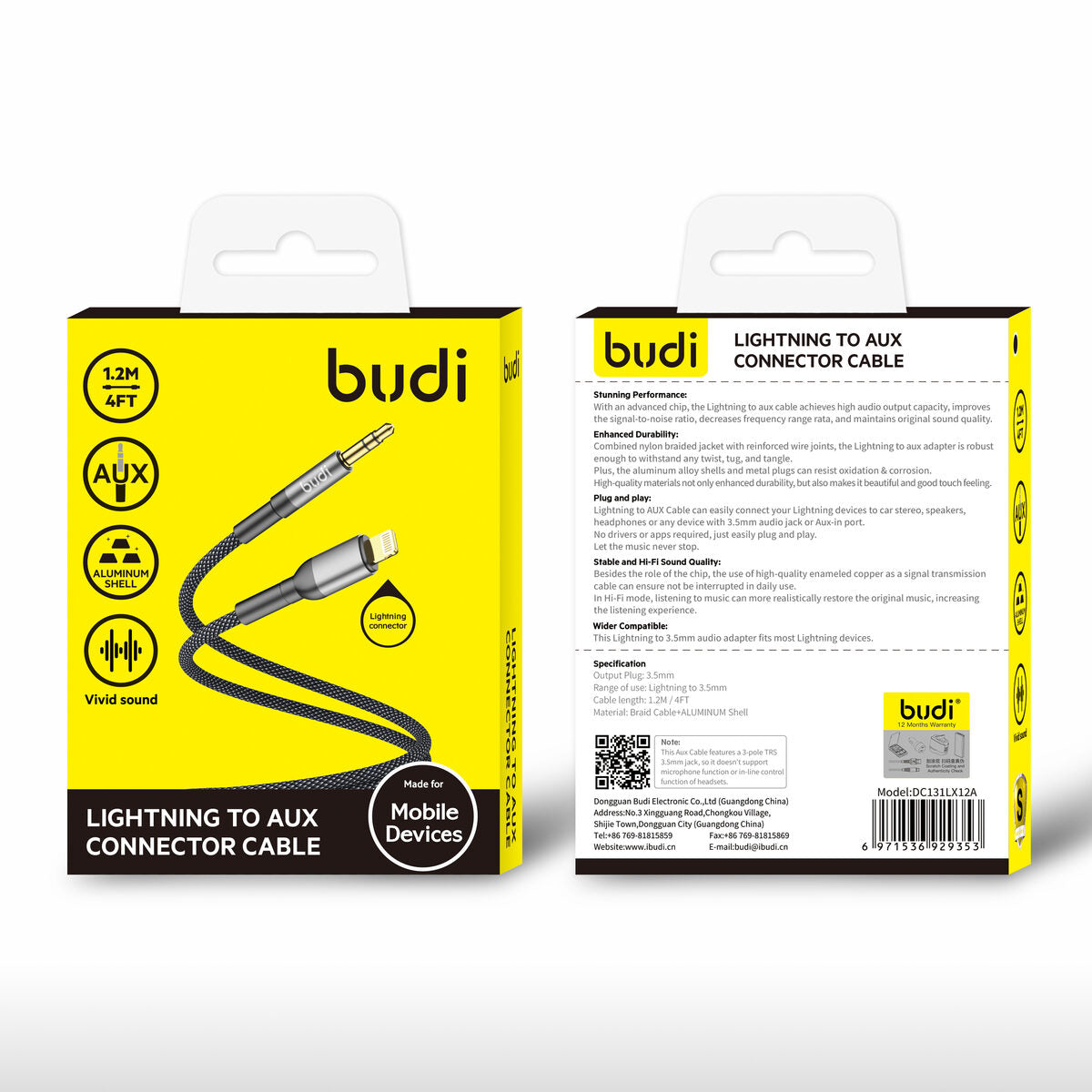 Budi DC131LX12A — Audiokabel Lightning naar 3,5 mm, 1.2 m, zwart
