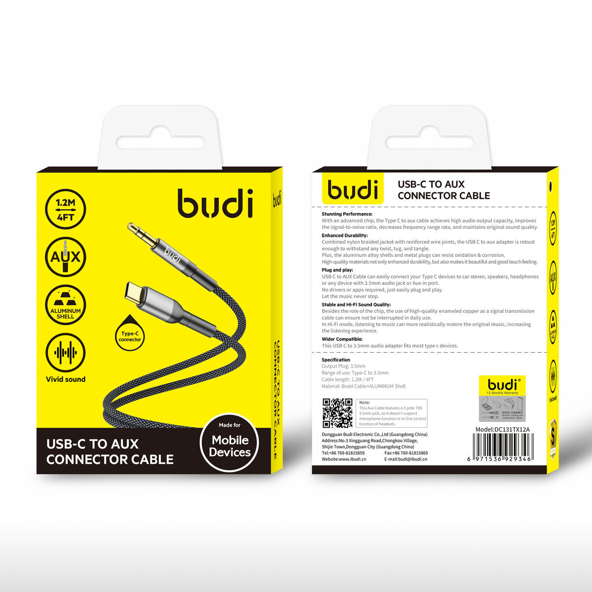 Budi DC131TX12A — Audiokabel USB-C naar 3,5 mm, 1.2 m, zwart
