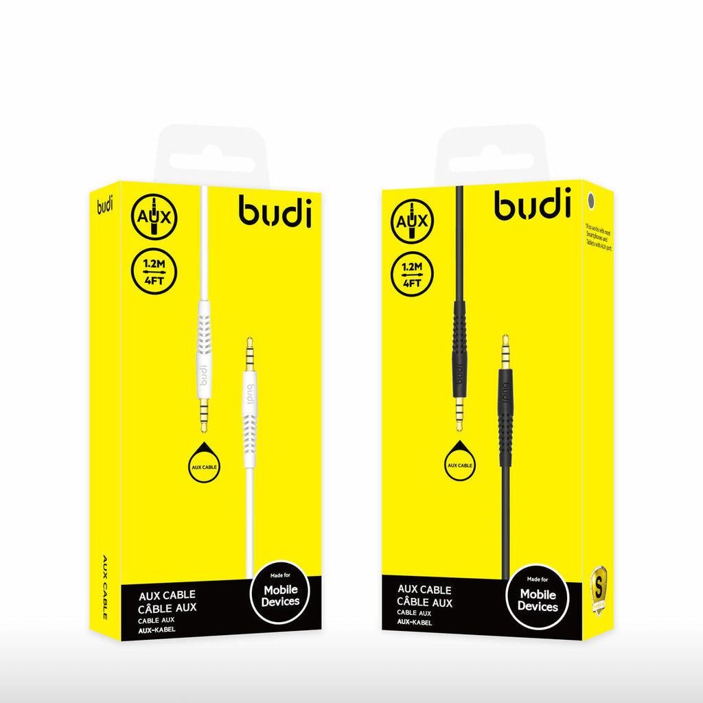 Budi DC150AUX12B — Audiokabel 3,5 mm naar 3,5 mm, 1.2 m, black white
