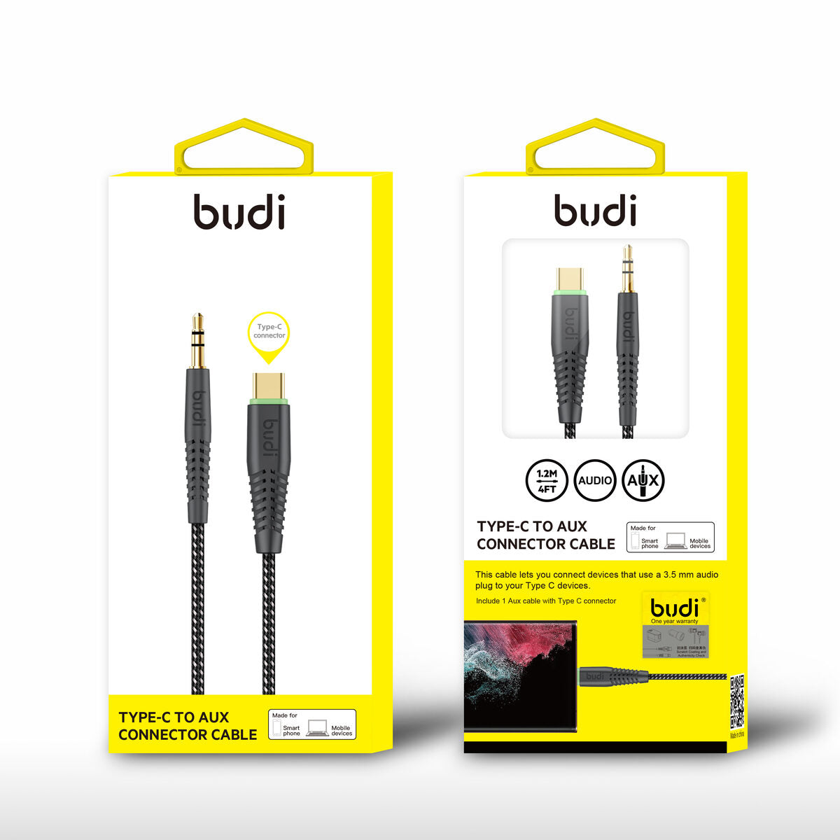 Budi DC150TXA12B — Kabel USB-C naar 3,5 mm, 1.2 m