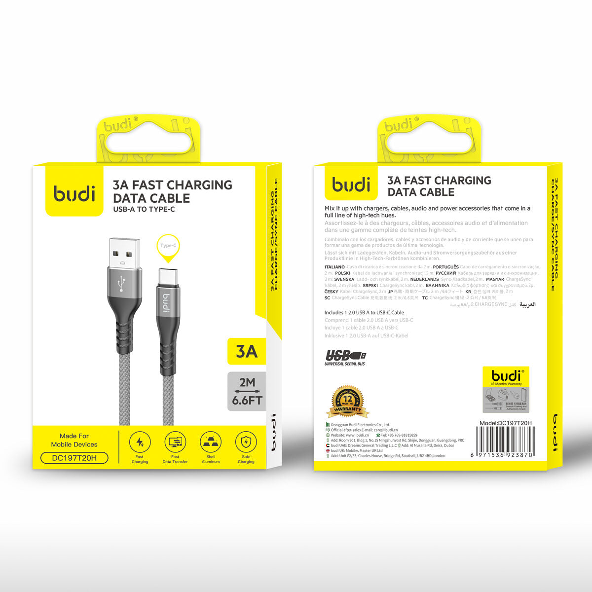Budi DC197T20H — Kabel USB-A naar USB-C, 2 m