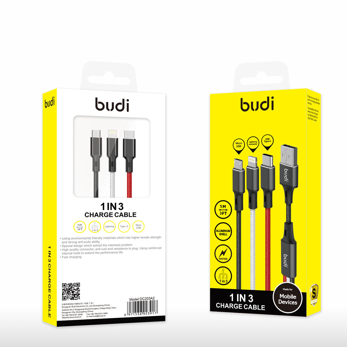 Budi DC203A2 — Kabel 3-in-1, 1 m