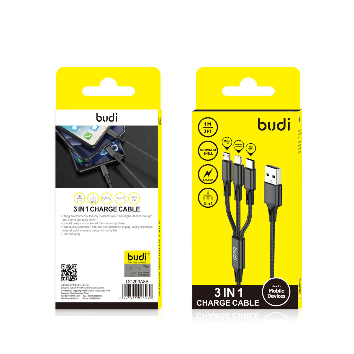 Budi DC203A8B — Kabel 3-in-1, 1 m, zwart
