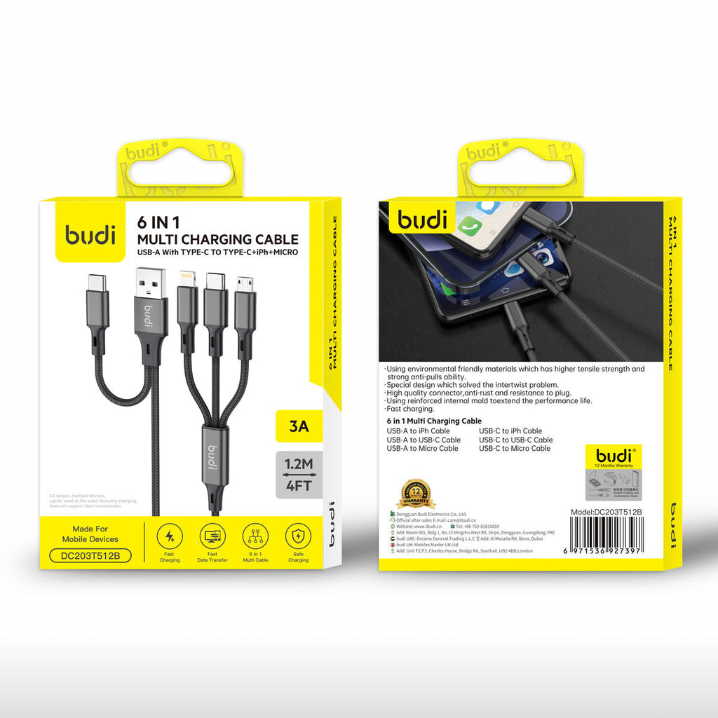 Budi DC203T512B — Kabel 6-in-1, 1.2 m, zwart