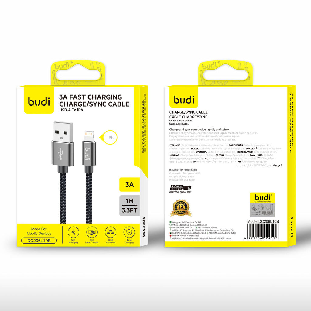 Budi DC206L10B — Kabel USB-A naar Lightning, 1 m, zwart