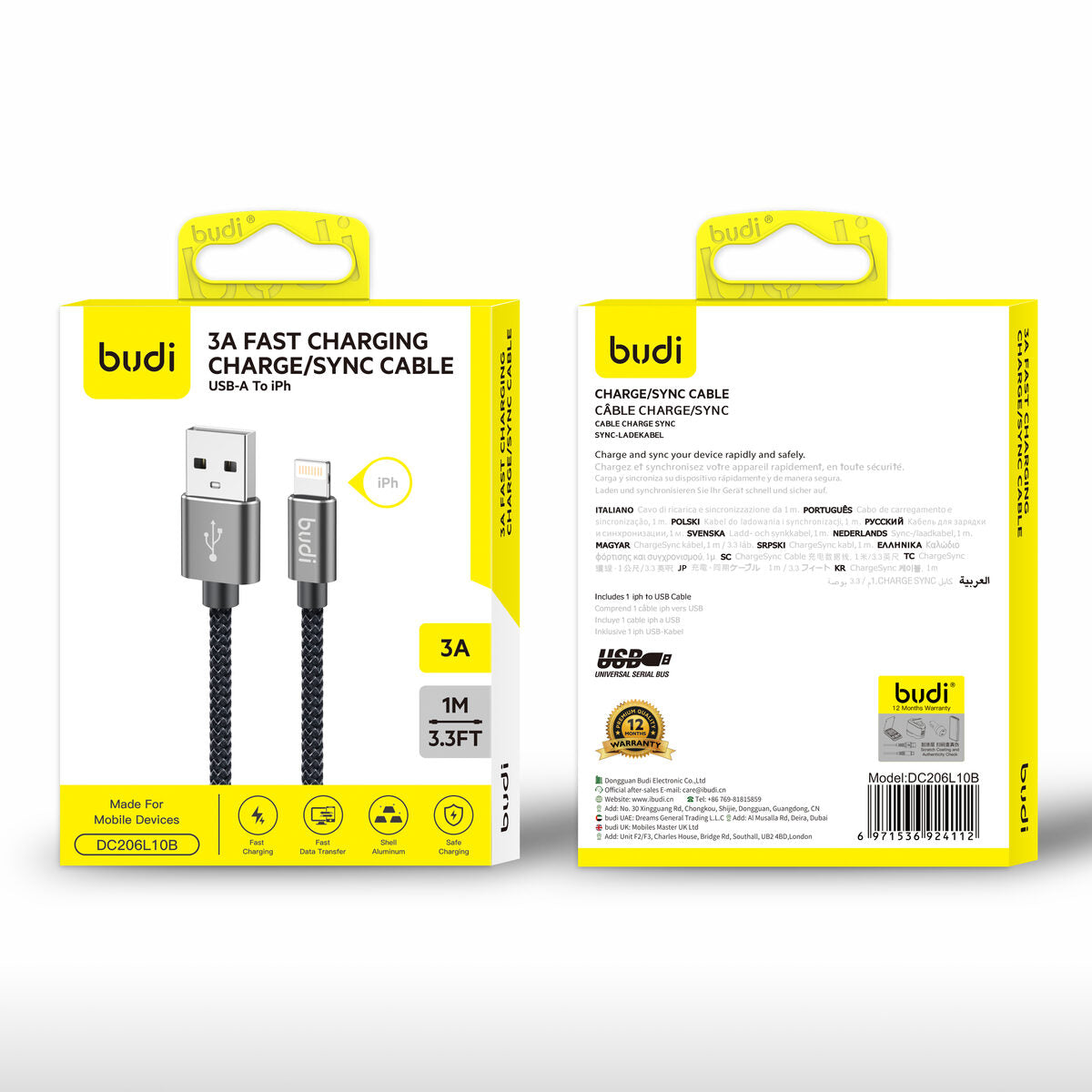 Budi DC206L10B — Kabel USB-A naar Lightning, 1 m, zwart