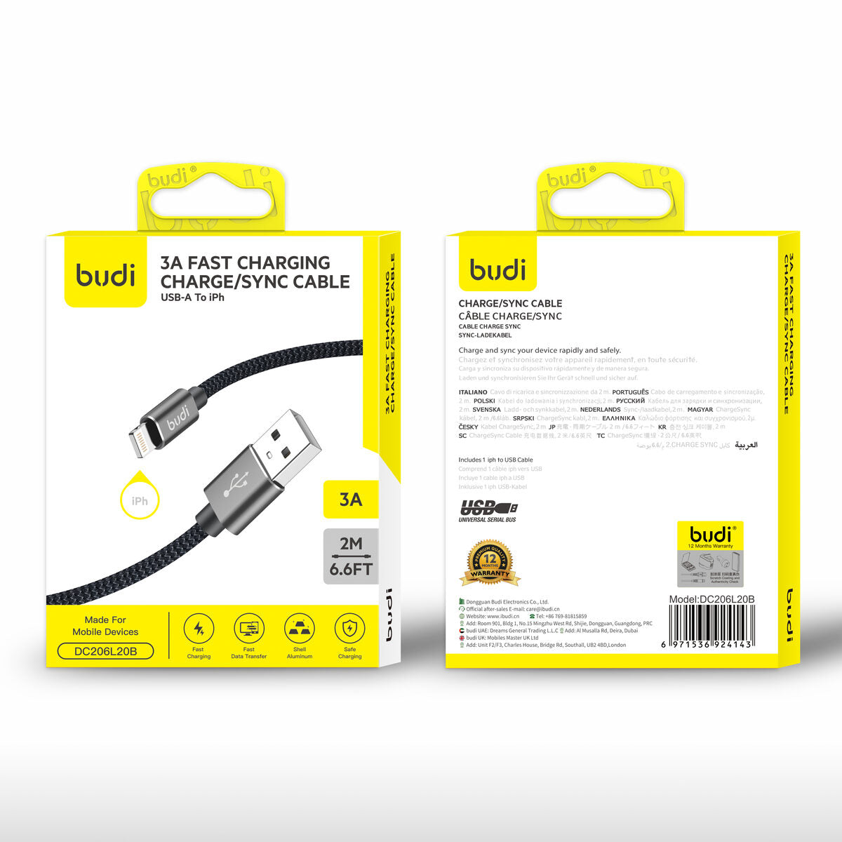 Budi DC206L20B — Kabel 2 m, zwart