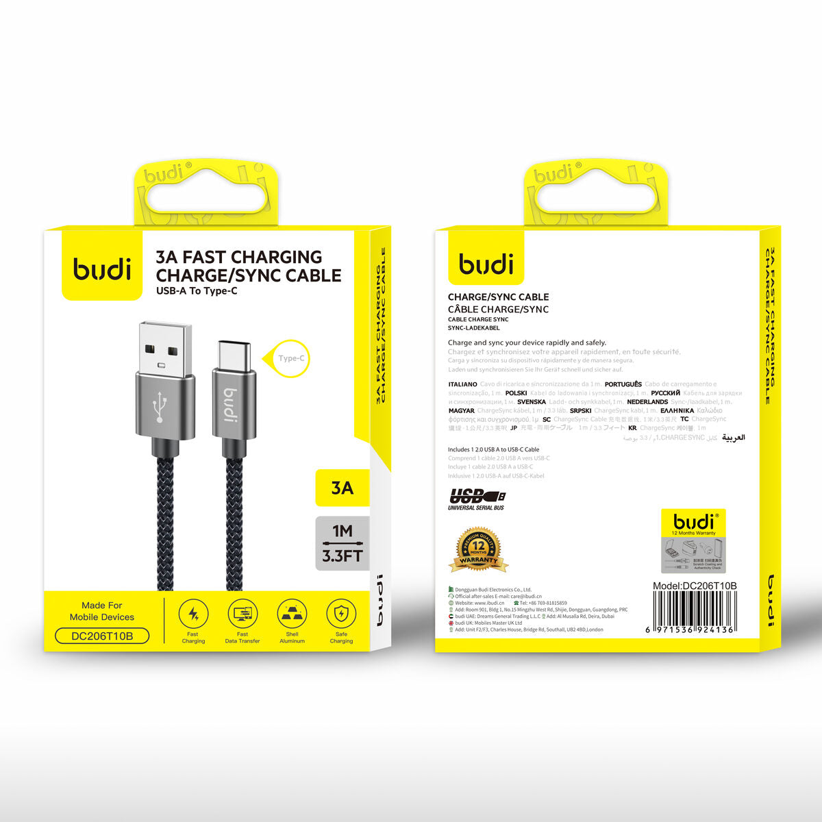 Budi DC206T10B — Kabel 1 m, zwart