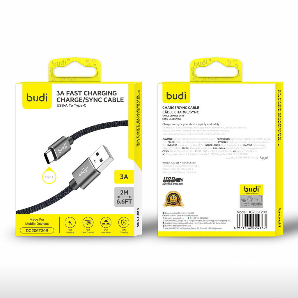 Budi DC206T20B — Kabel 2 m, zwart