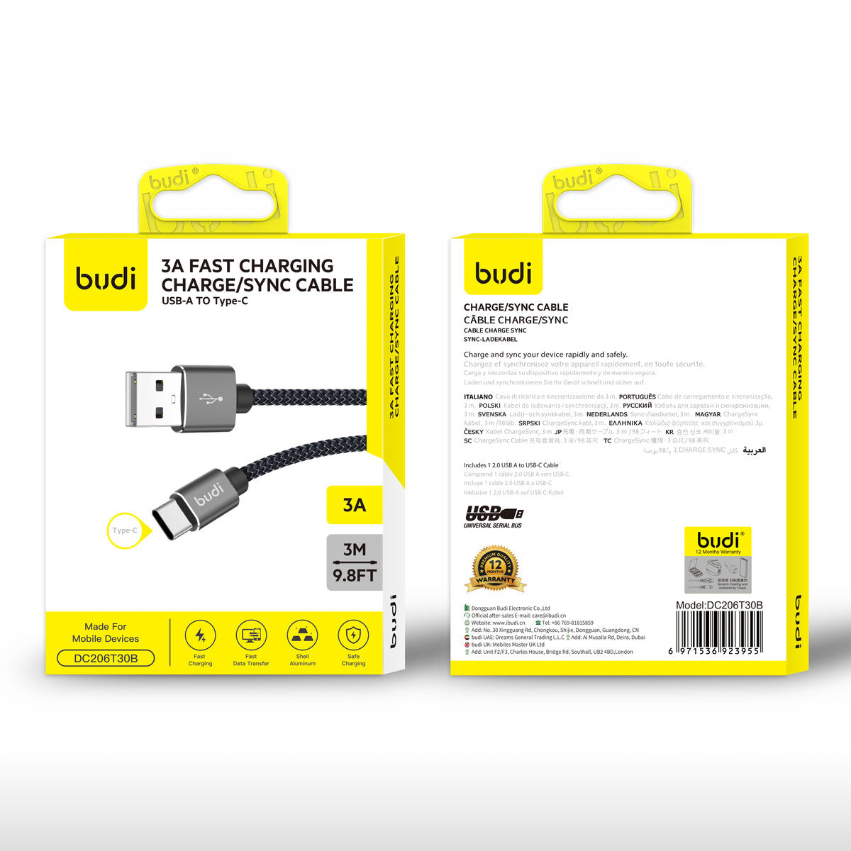 Budi DC206T30B — Kabel 3 m, zwart