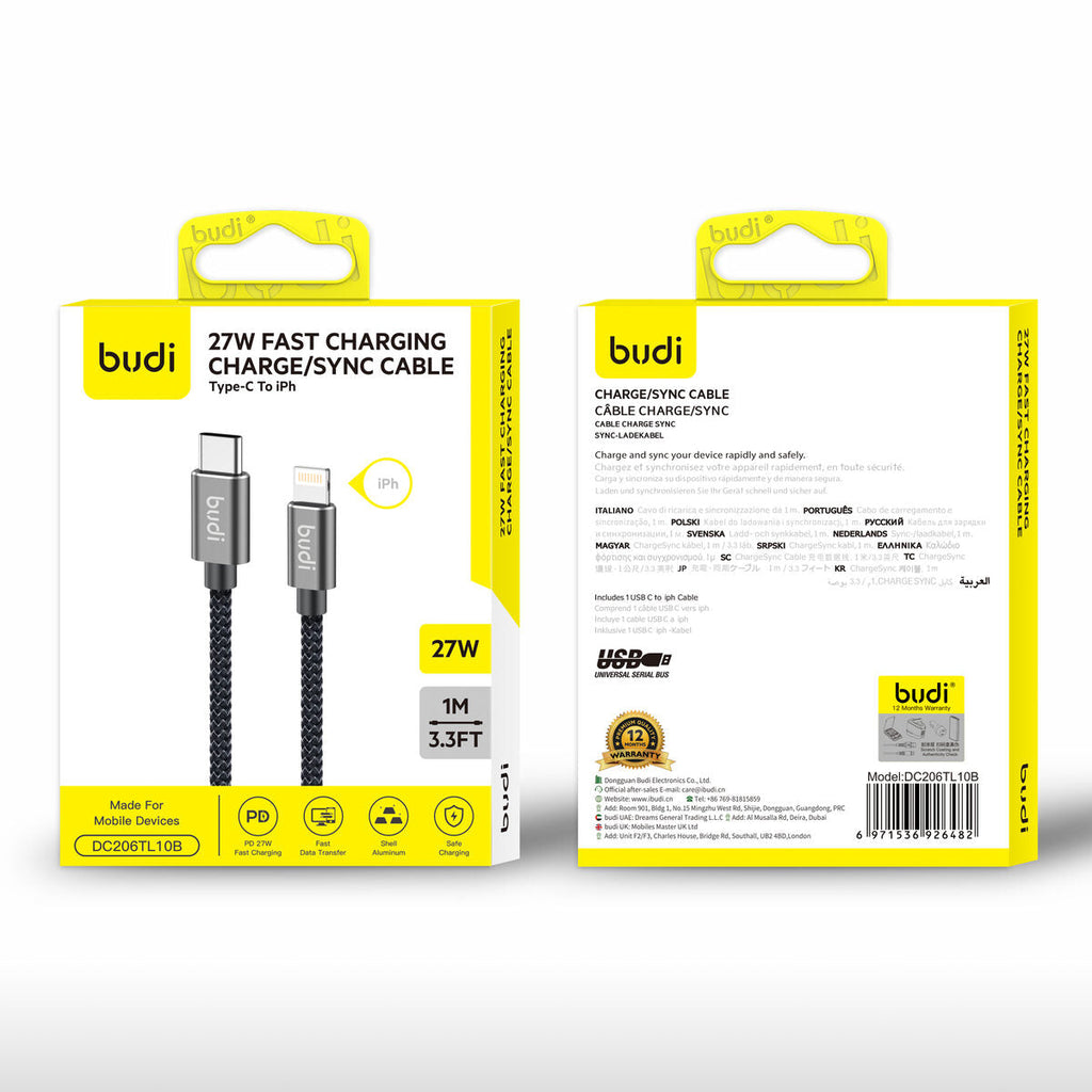 Budi DC206TL10B — Kabel USB-C naar Lightning, 27W, 1 m, zwart
