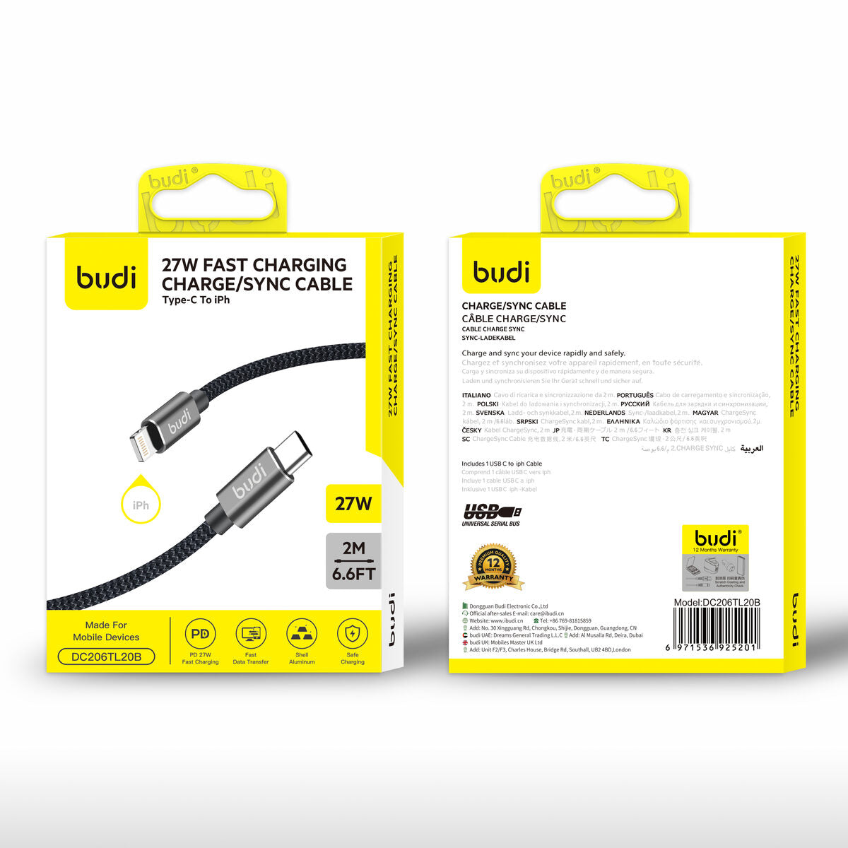 Budi DC206TL20B — Kabel USB-C naar Lightning, 27W, 2 m, zwart
