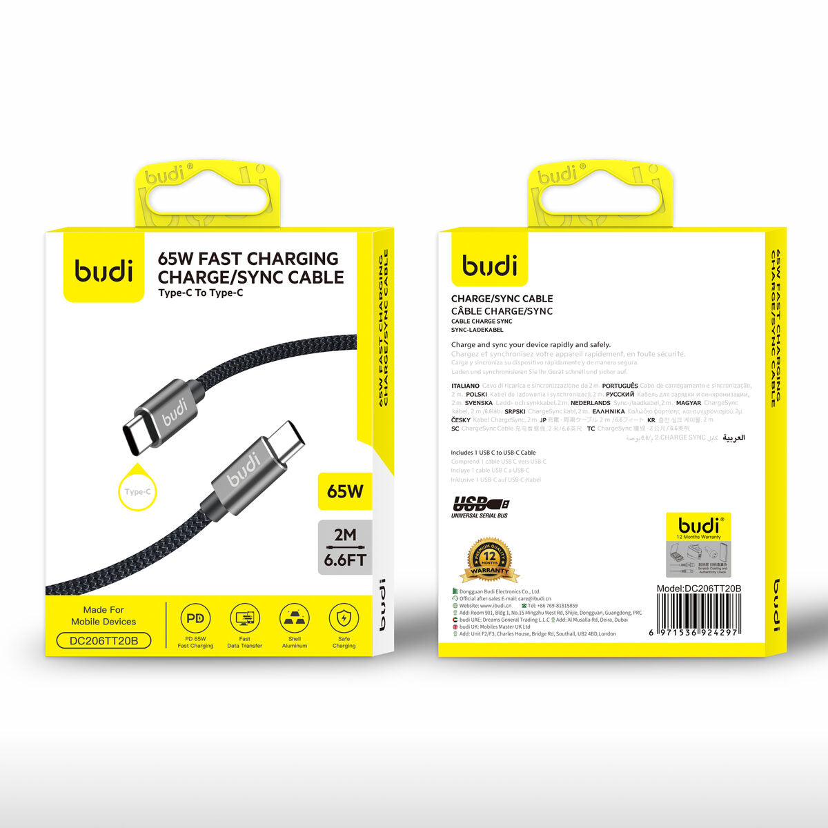 Budi DC206TT20B — Kabel USB-C naar USB-C, 65W, 2 m, zwart
