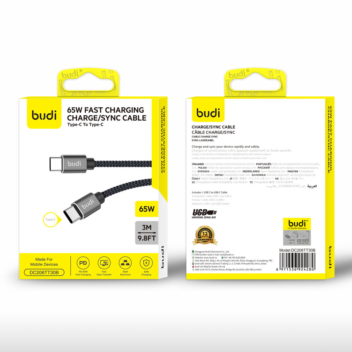 Budi DC206TT30B — Kabel USB-C naar USB-C, 65W, 3 m, zwart