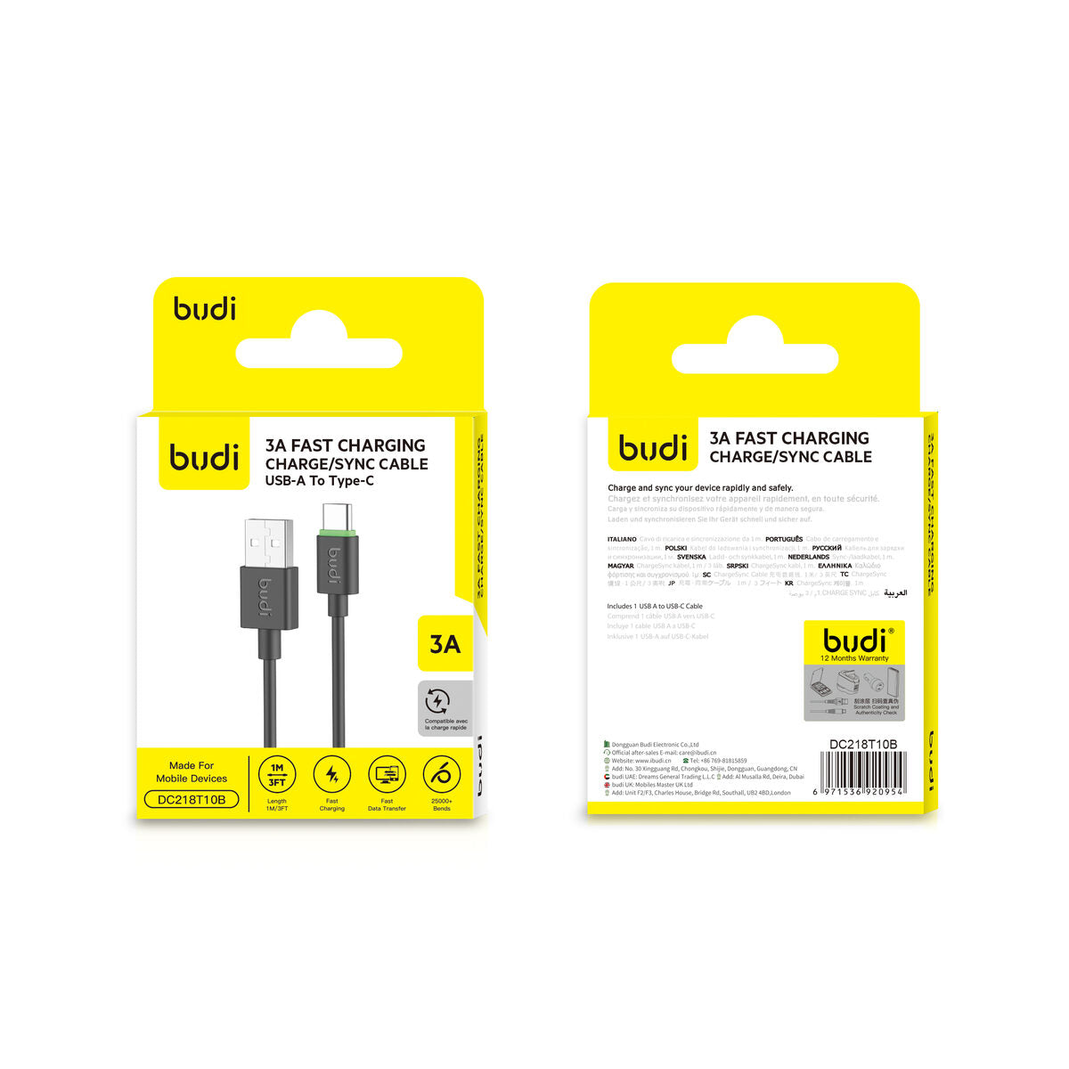 Budi DC218T10B — Kabel USB-A naar USB-C, 1 m