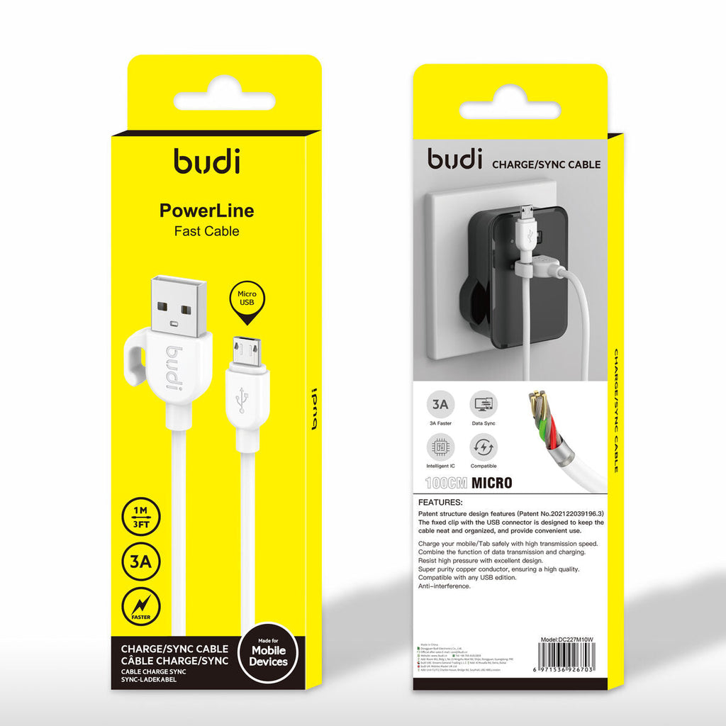 Budi DC227M10W — Kabel USB-A naar Micro-USB, 1 m, wit