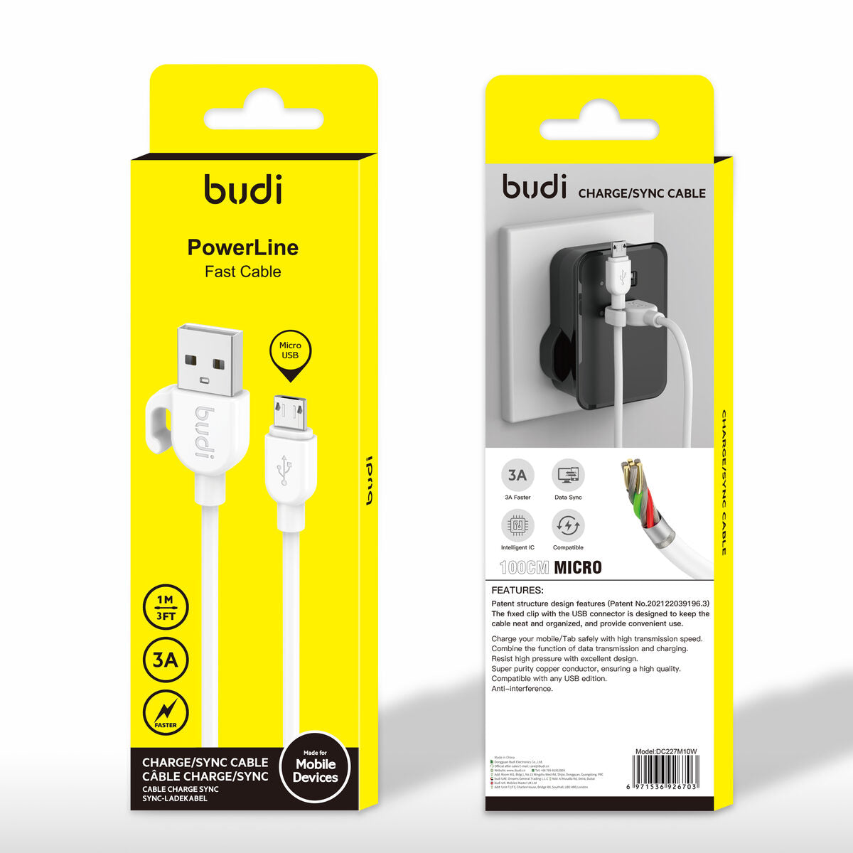 Budi DC227M10W — Kabel USB-A naar Micro-USB, 1 m, wit
